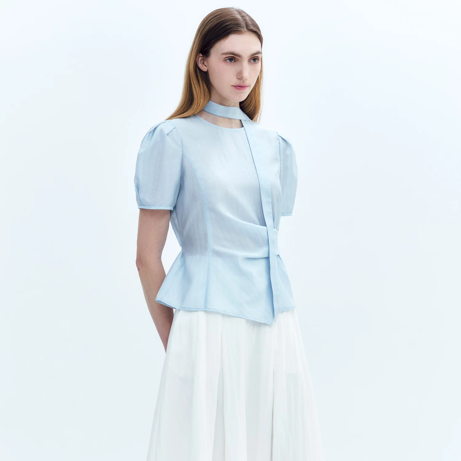 Waist Tuck-decorative Short-SLV Blouse BLUE