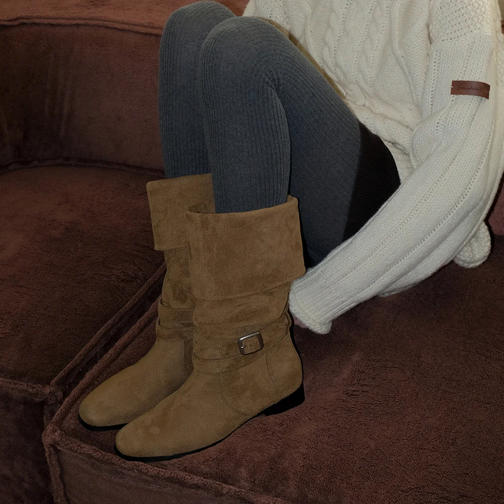 Slouchy Buckle Suede Boots - Brown