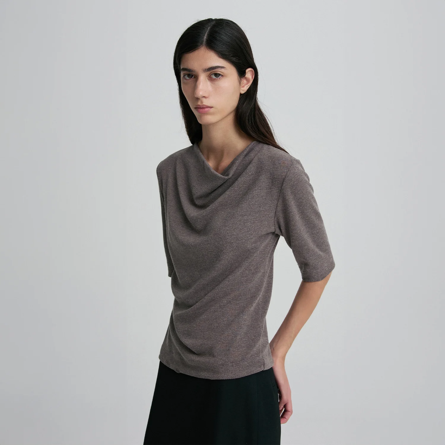 COWL-NECK HALF-SLEEVE TOP MOCHA