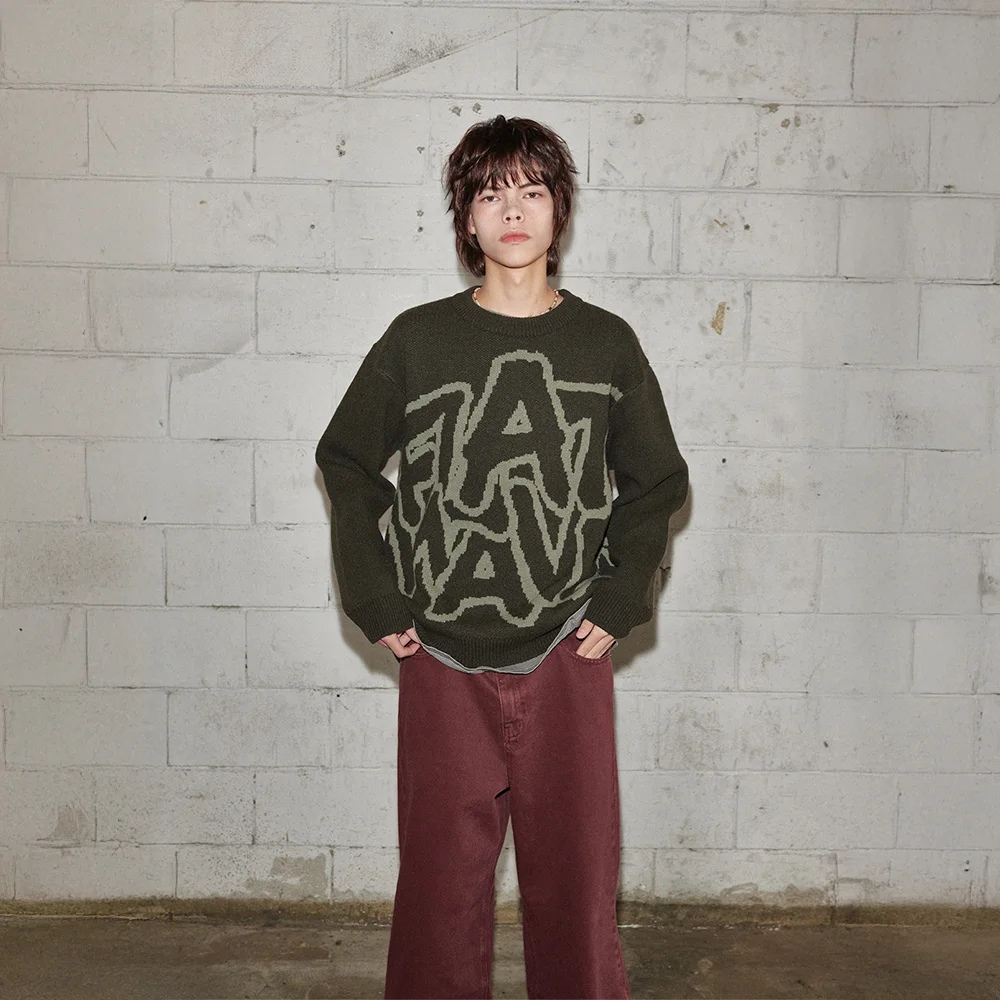 Ryef Wool Lettering Round Knit Khaki