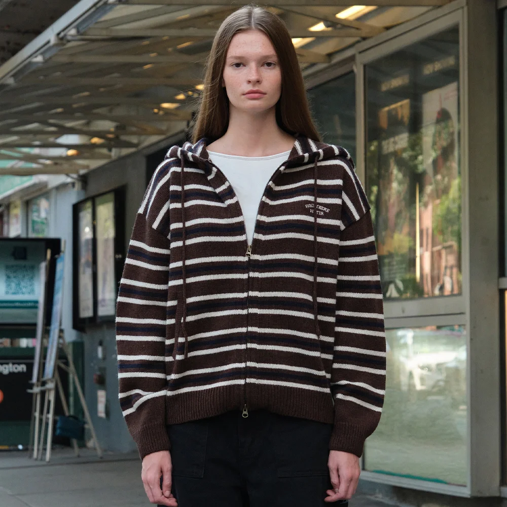 Coby Stripe Knit Zip-Up Hoodie - Brown