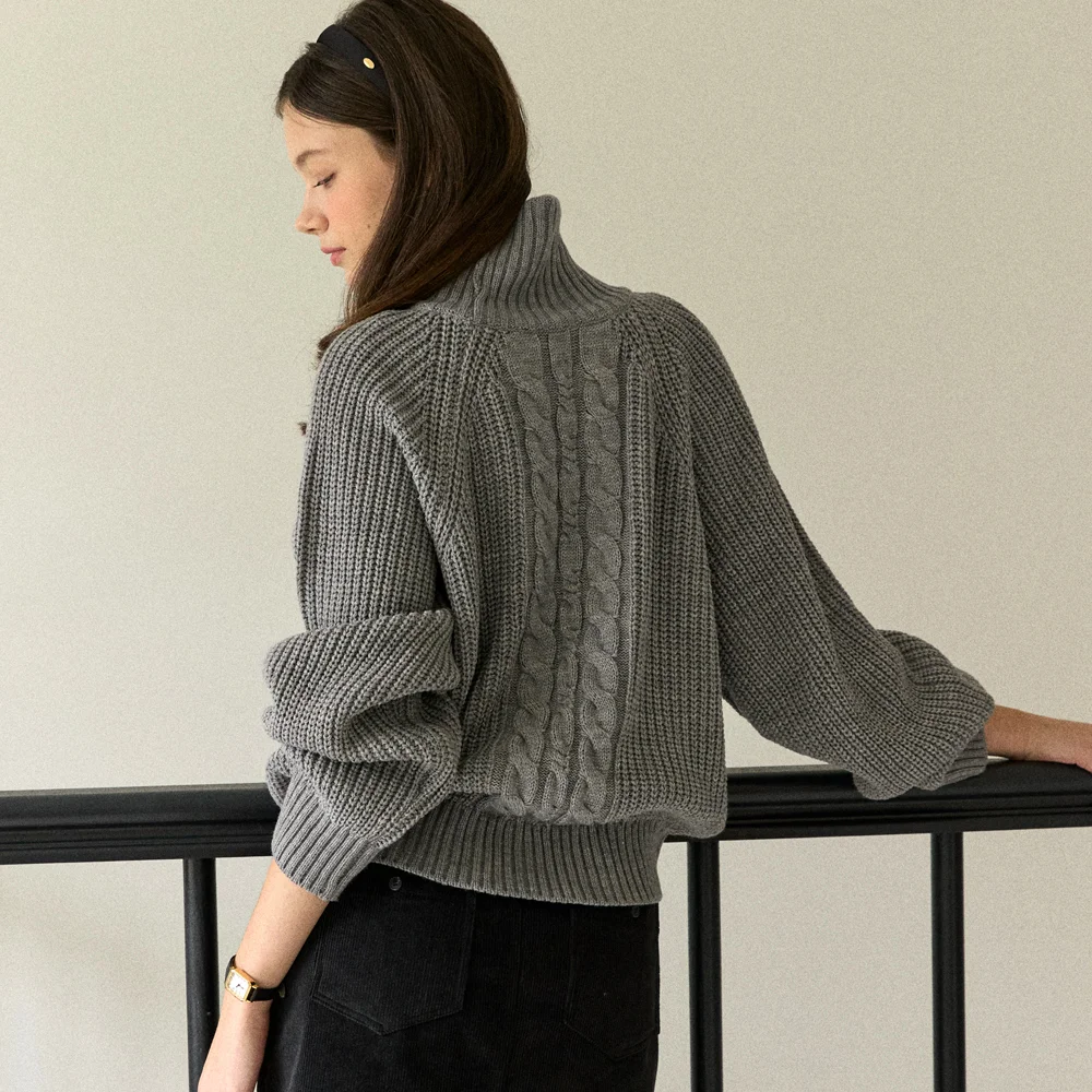 Phoebe Cable Turtleneck Knit - Melange Grey