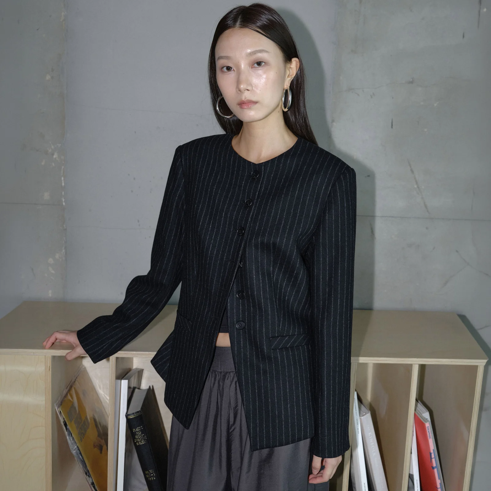 STRIPE HOURGLASS WOOL JACKET / BLACK