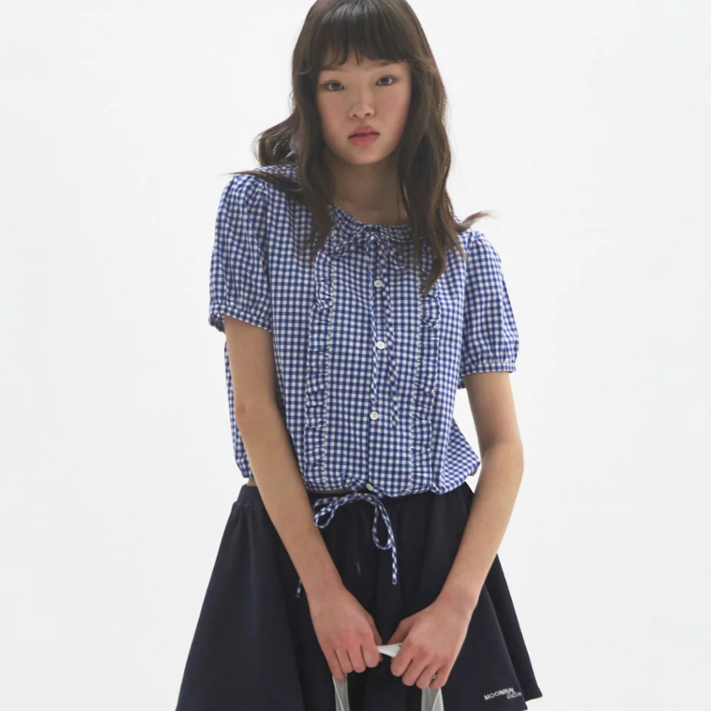 M.C Gingham Check Ruffle Blouse / BLUE