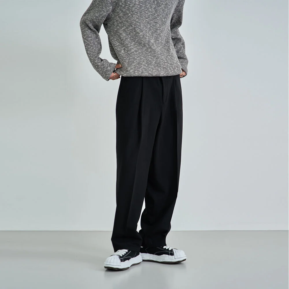 WOOL BLEND BALLOON FIT WIDE ONE TUCK SLACKS