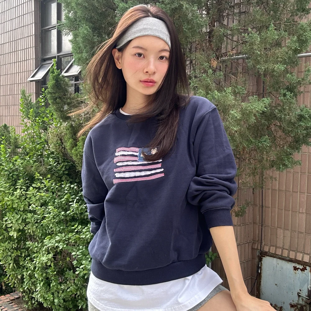 (W) USA FLAG APPLIQUE SWEATSHIRT - NAVY