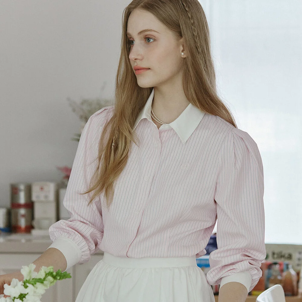 Puff Sleeve Stripe Shirts - Pink