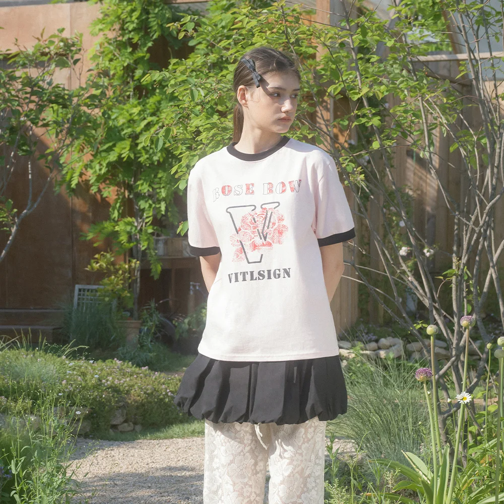 玫瑰Bau 撞色 T恤 (3C) (Light Pink)