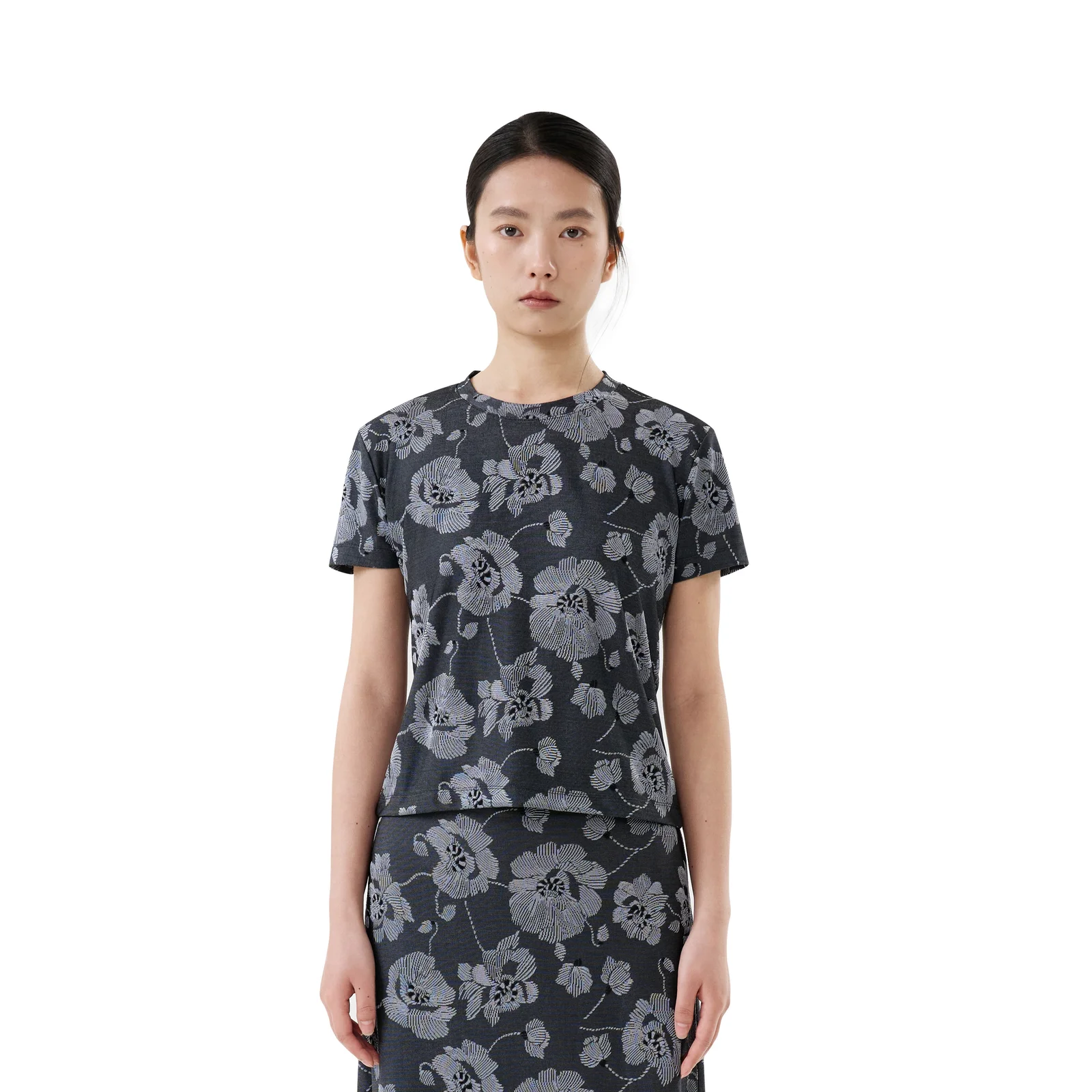 FLORAL JACQUARD HALF-SLEEVE TOP (GRAY)