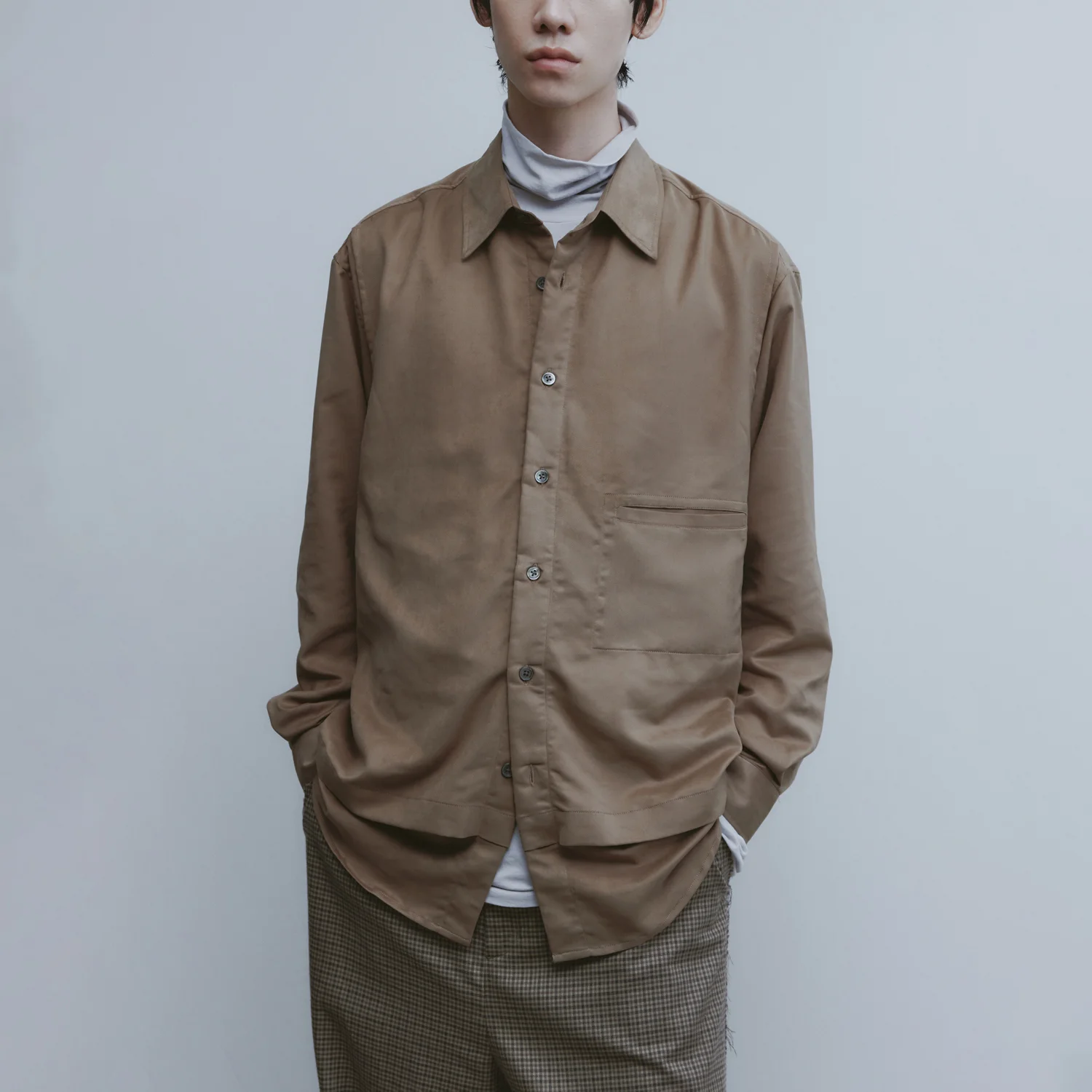 Faux Suede Layered Shirt - Brown