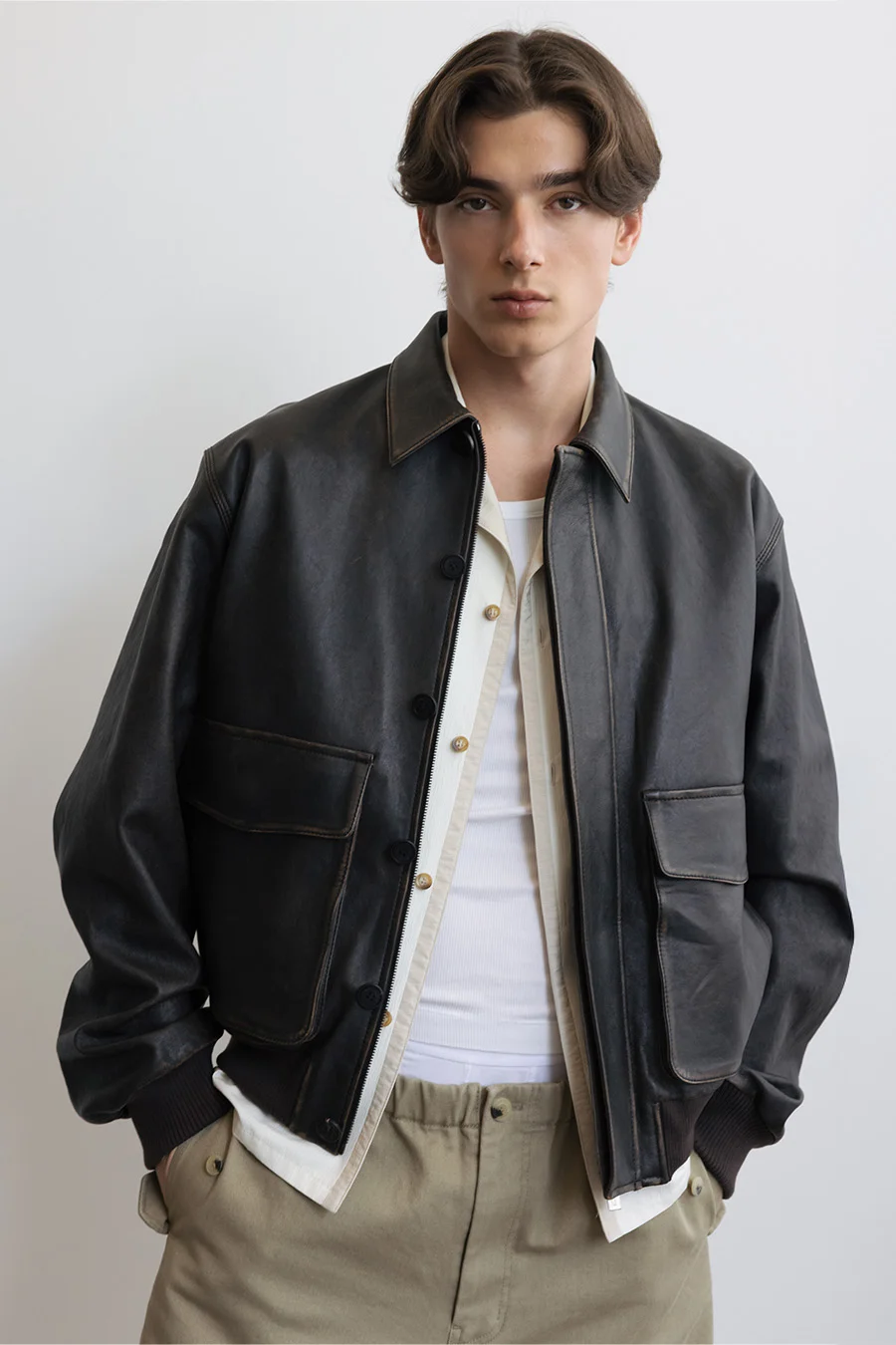 DISTRESSED LEATHER BOMBER JACKET