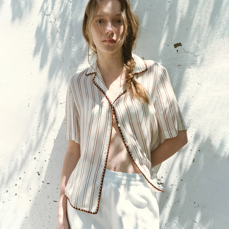 embroidery shirt blouse (brown stripe)