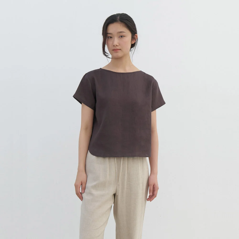 linen simple blouse-brown