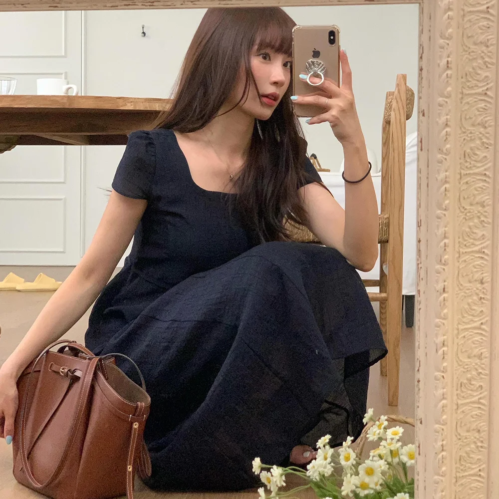 Smocking square neck long dress - navy
