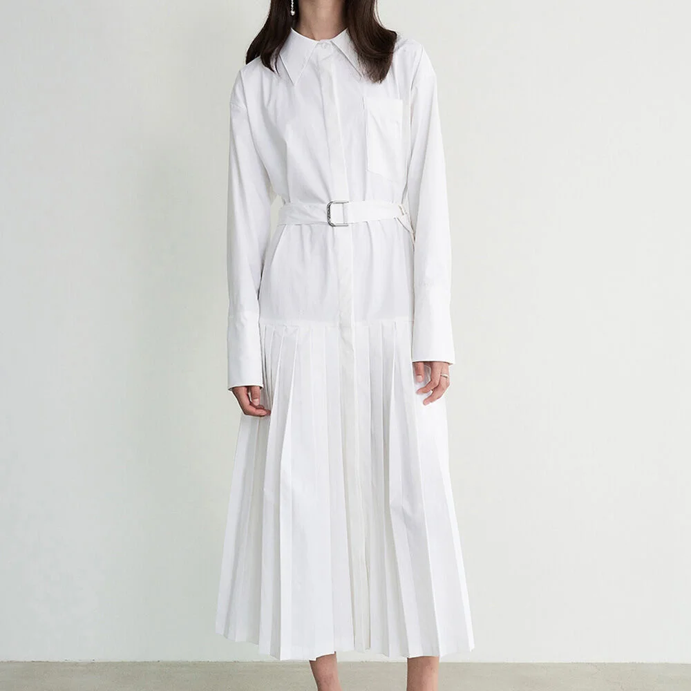 004 Pleated White Shirt Dress