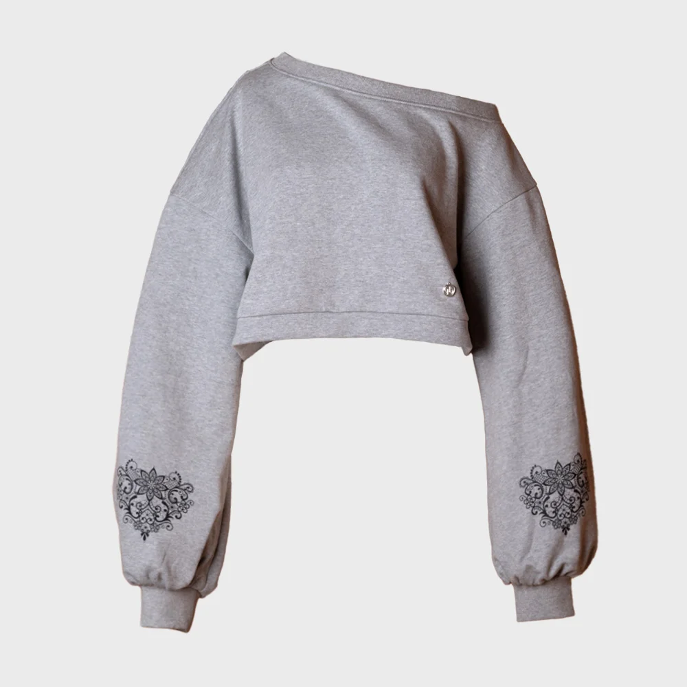 One-Shoulder Crop Sweatshirt-Grey