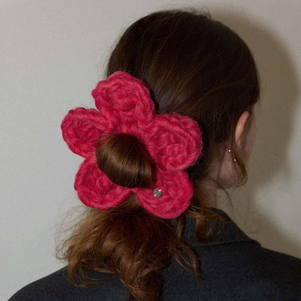 Wool 100% Handmade Crochet Big Flower Hair Scrunchie _ Red