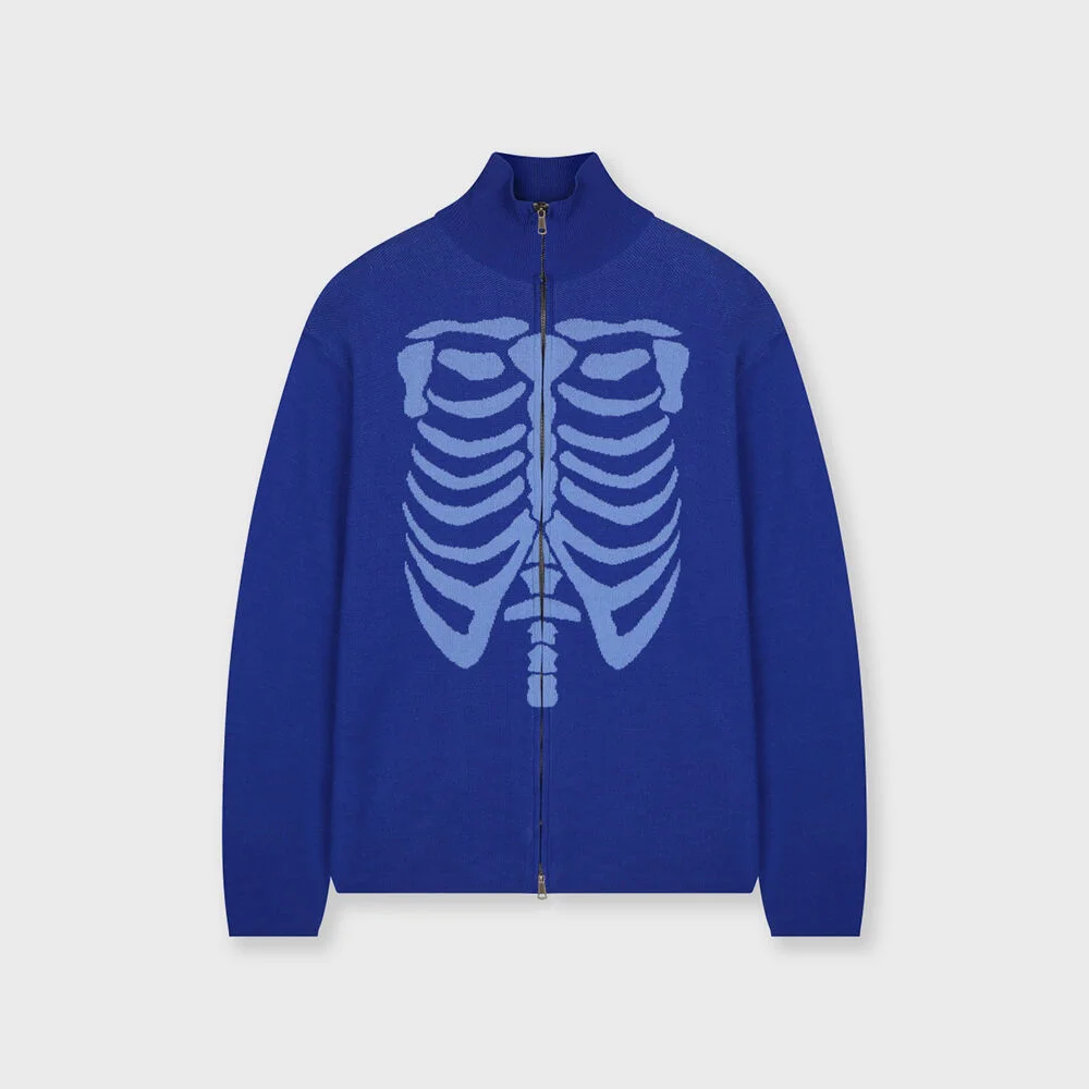 SKELETON HIGH NECK KNIT ZIP UP BLUE