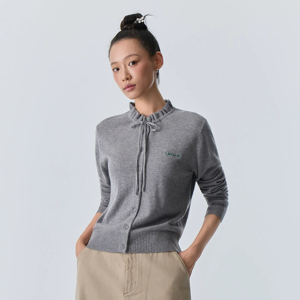 荷葉領 蝴蝶結 針織衫 開襟外套 (Grey)