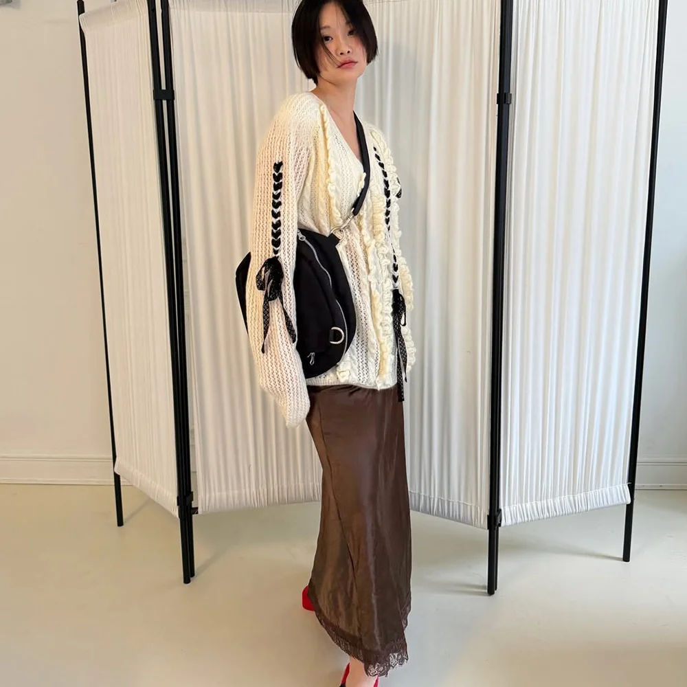 Satin Lace Long Skirt (Brown)