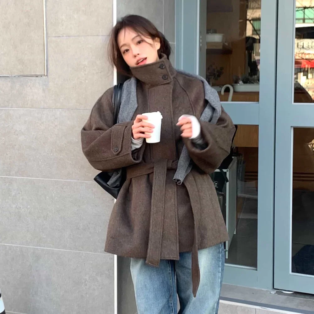 High Neck Belted Coat (Brown)