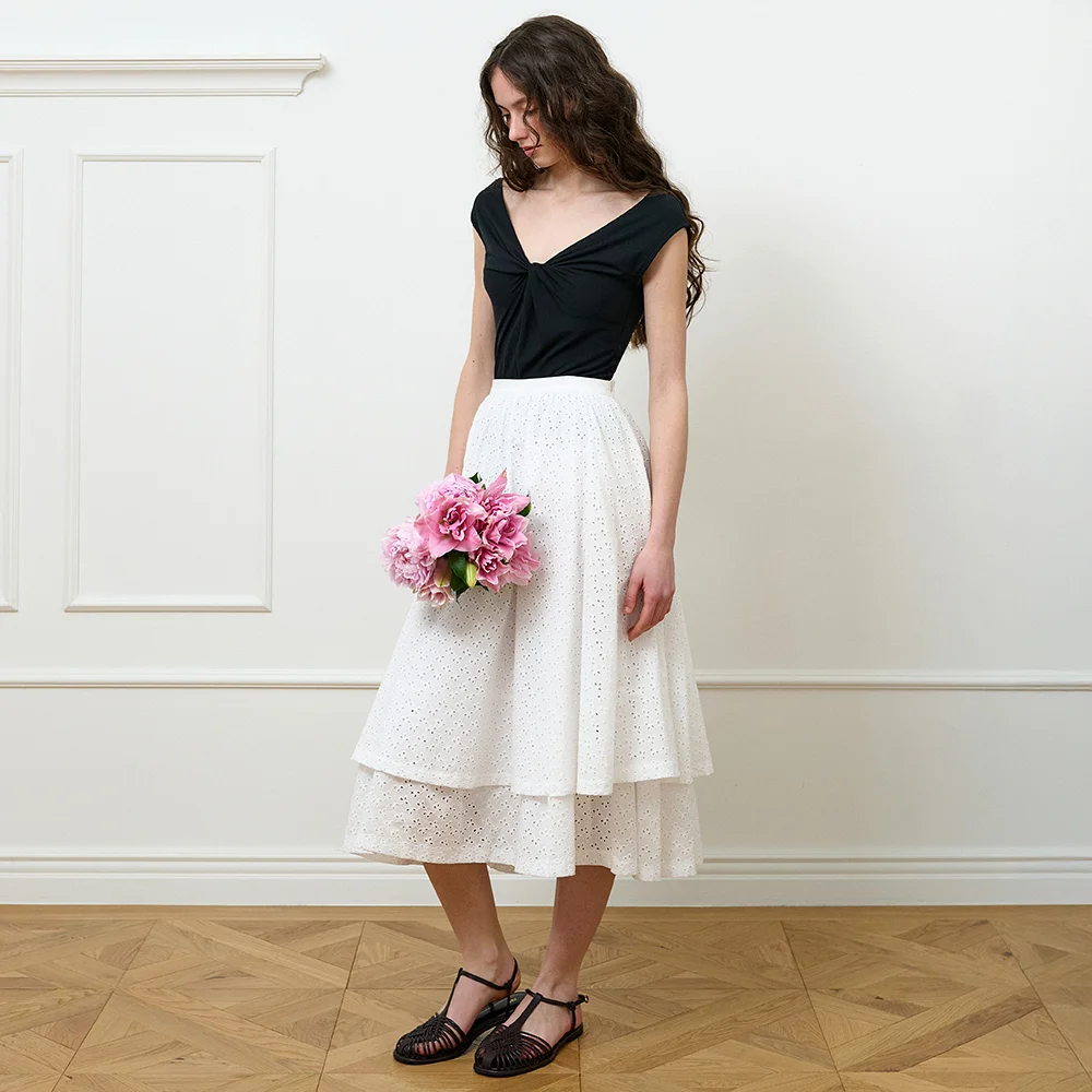 Dana layered shirring midi skirt_White