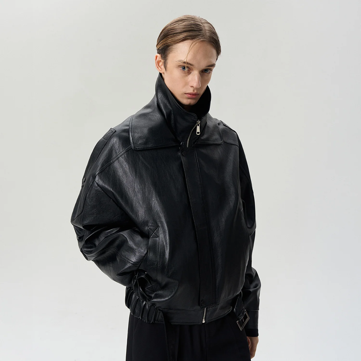 DOUBLE COLLAR BELTED HEM JACKET BLACK
