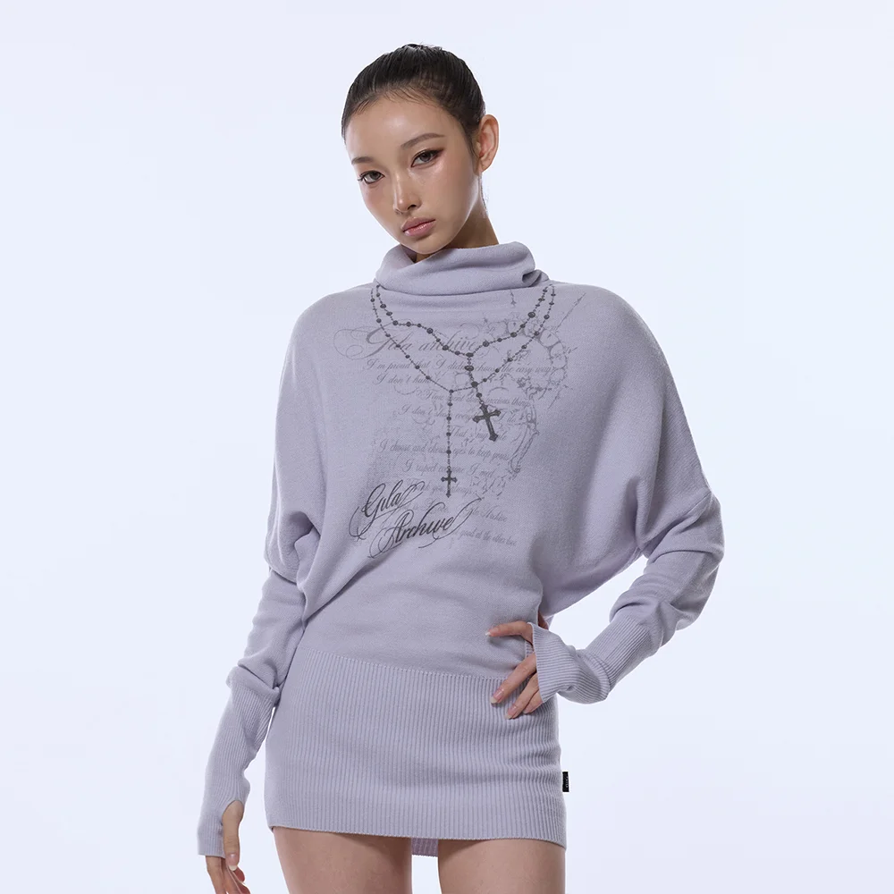 HIGH NECK COWL GRAPHIC KNIT_LIGHT PURPLE