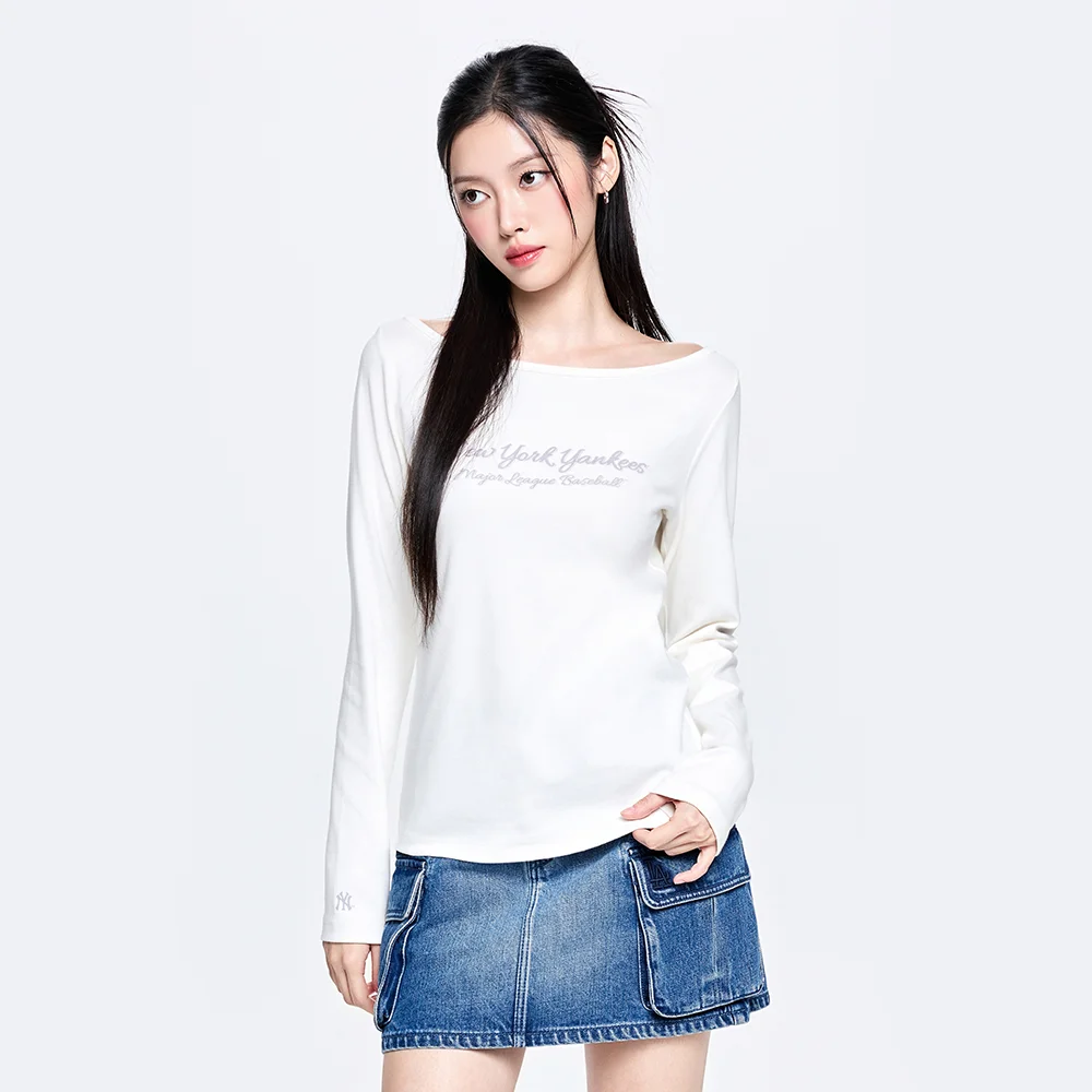 女裝 船領 字母印花 長袖 T恤 NY (Cream)