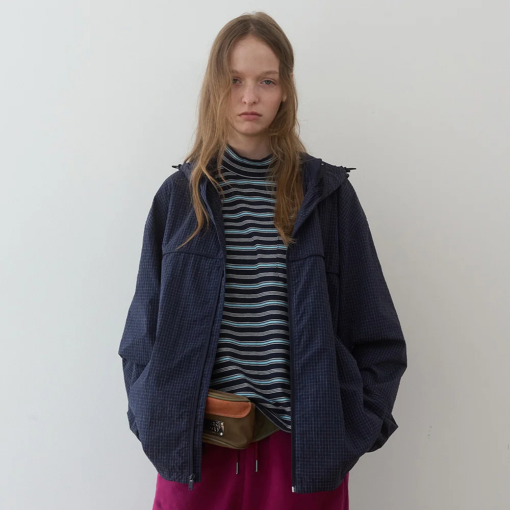 格紋 內襯 連帽衫 防風 外套 (Navy Check)