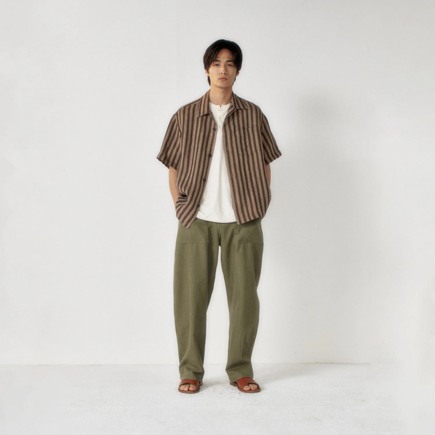 Linen Stripe Camp Half Shirt_Camel