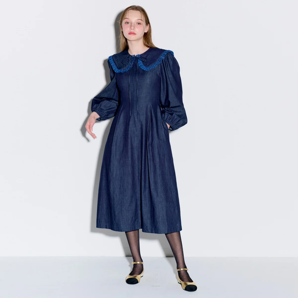 Sailor collar flare long denim dress dark indigo
