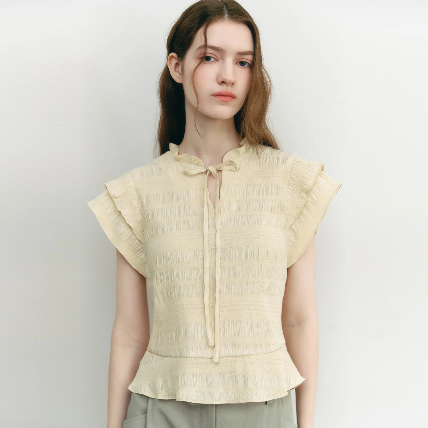 Ruffle Cap Sleeve Blouse LIGHT YELLOW