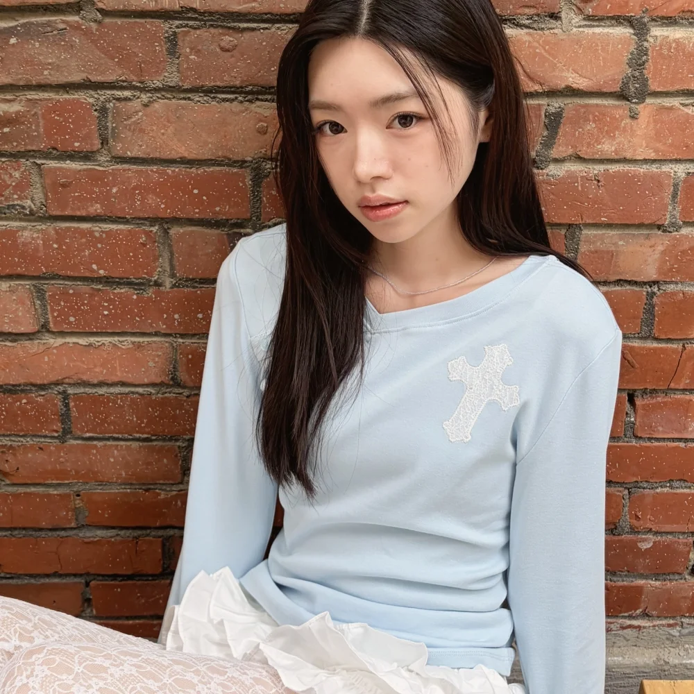 Cross Motif Unbal Button Long Sleeve Light Blue