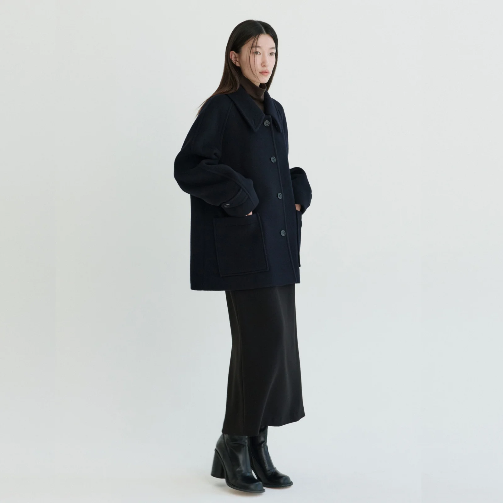 Wool Raglan Half Coat-Navy