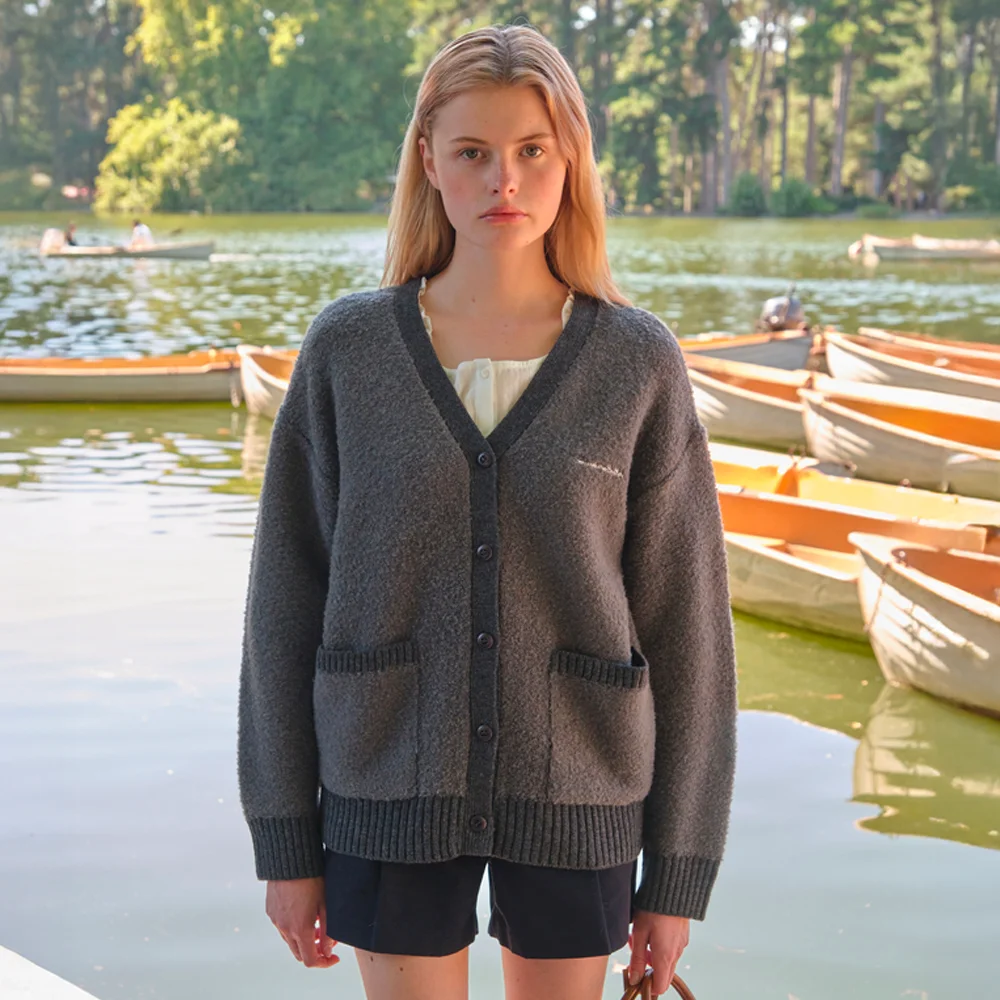 Rima Boucle V-neck Cardigan - Charcoal