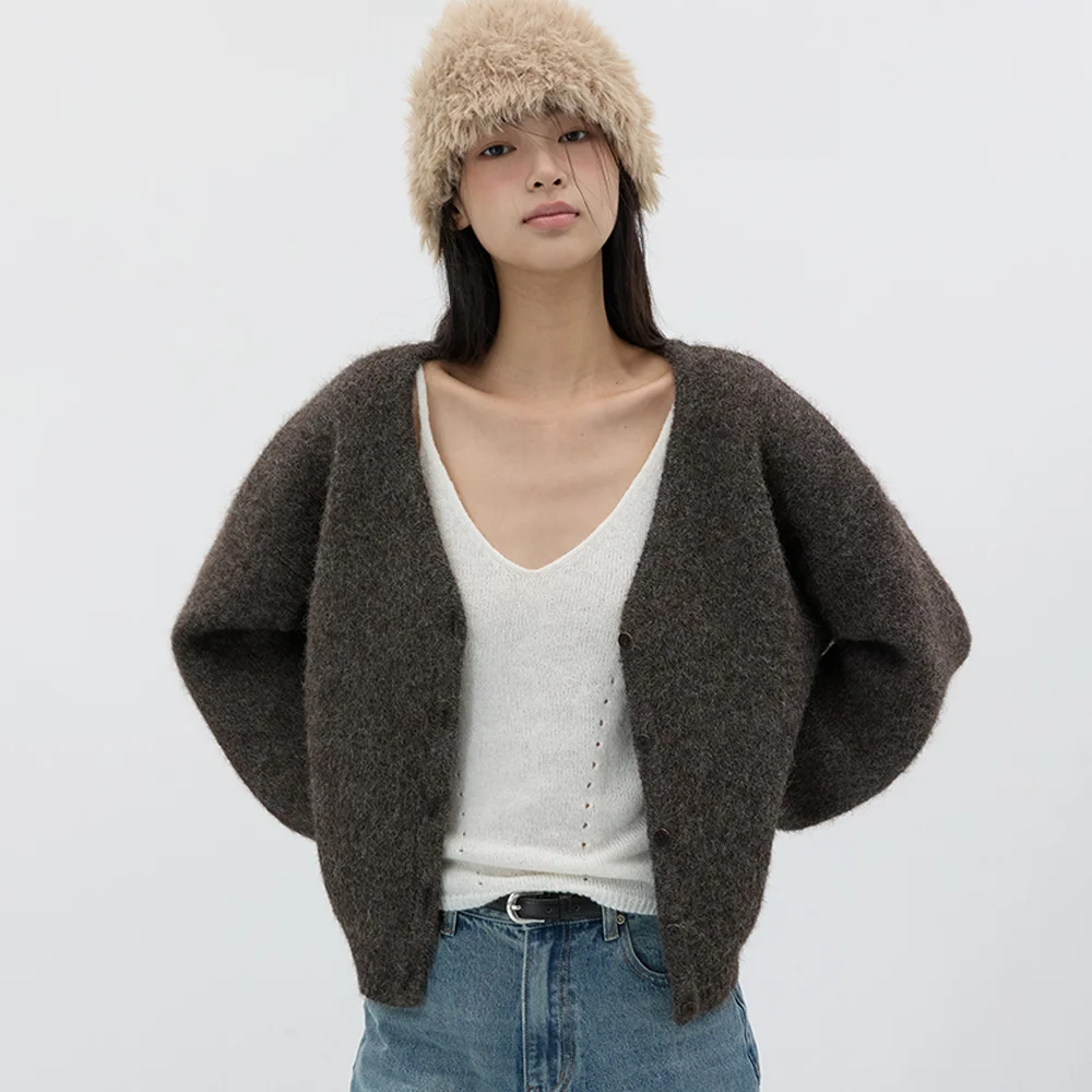 HEAVY WOOL KNIT CARDIGAN DEEP BROWN