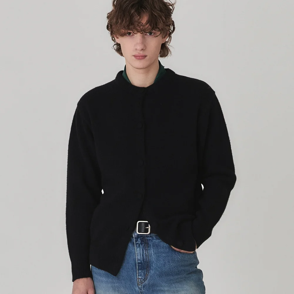 Brushed Wool Round Neck Cardigan_Black
