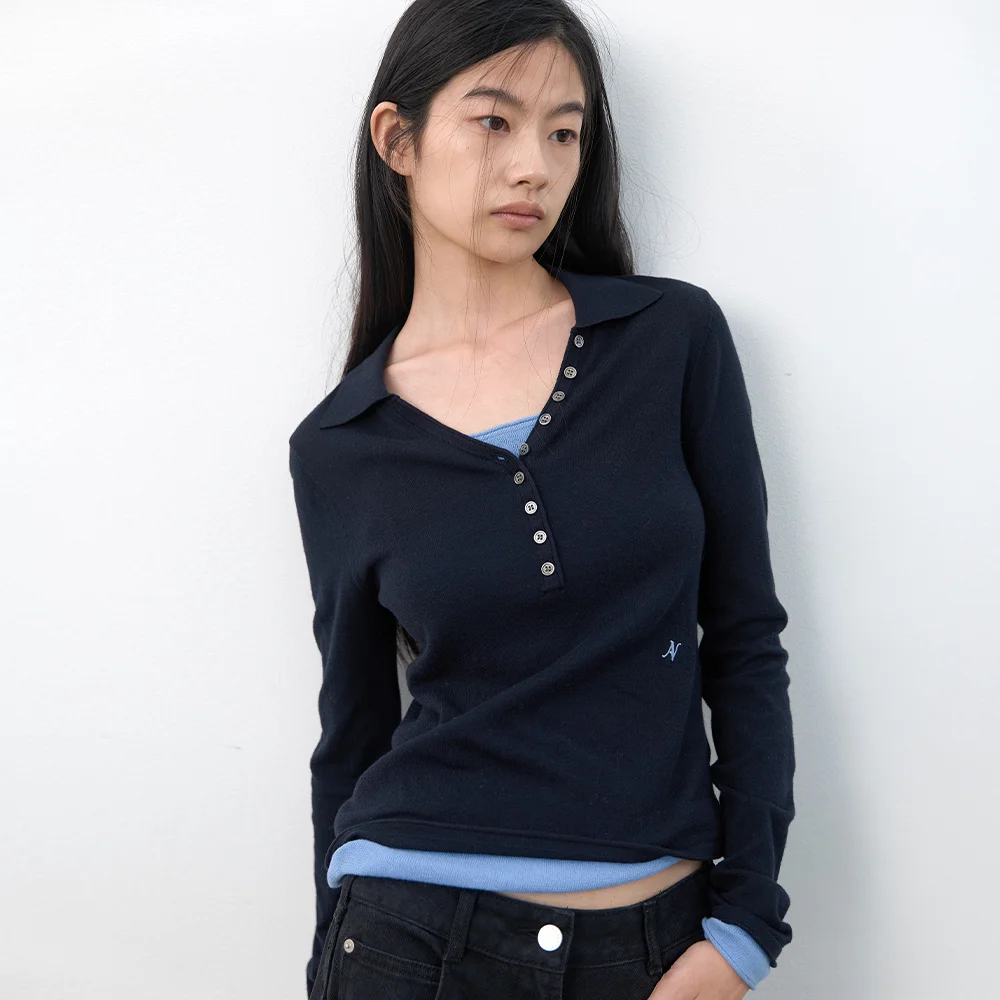 (T-7295)COLOR-BLOCK COLLAR LAYERED KNIT