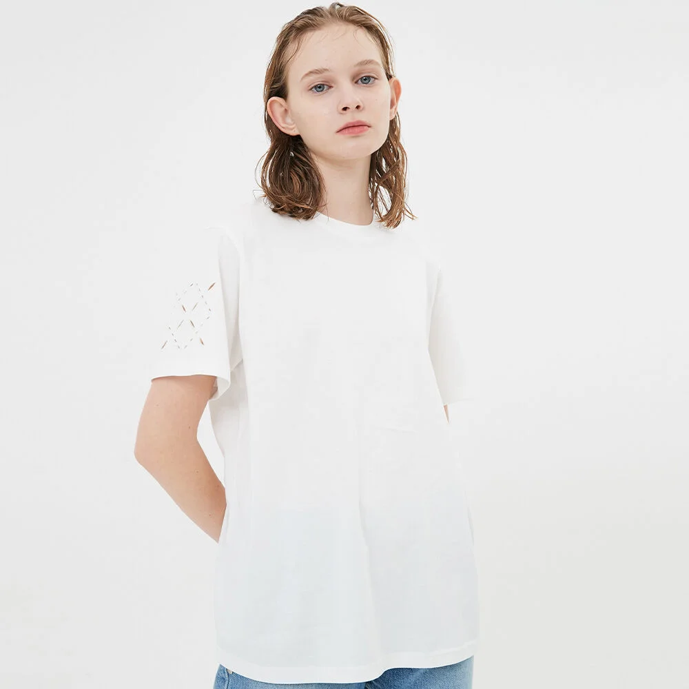 UNISEX, Argyle Hole Sleeve T-shirt / White