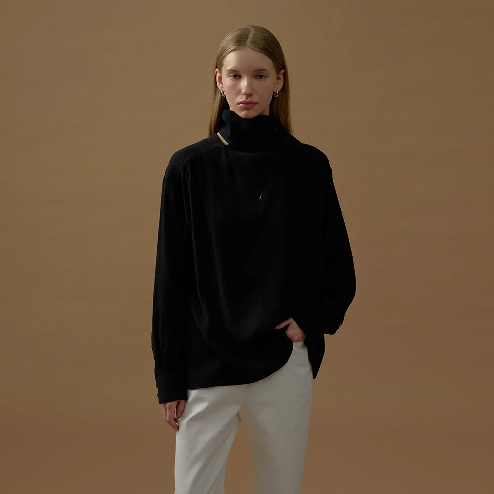 SHIRRING TIE BLOUSE (moat black)