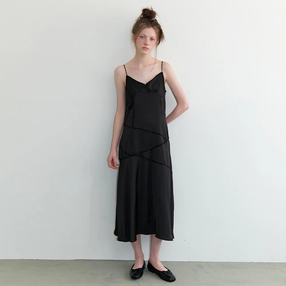 lace line slip dress - black