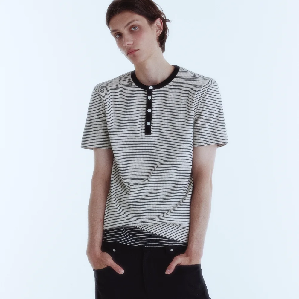 French Stripe Henley Neck Top_Cream