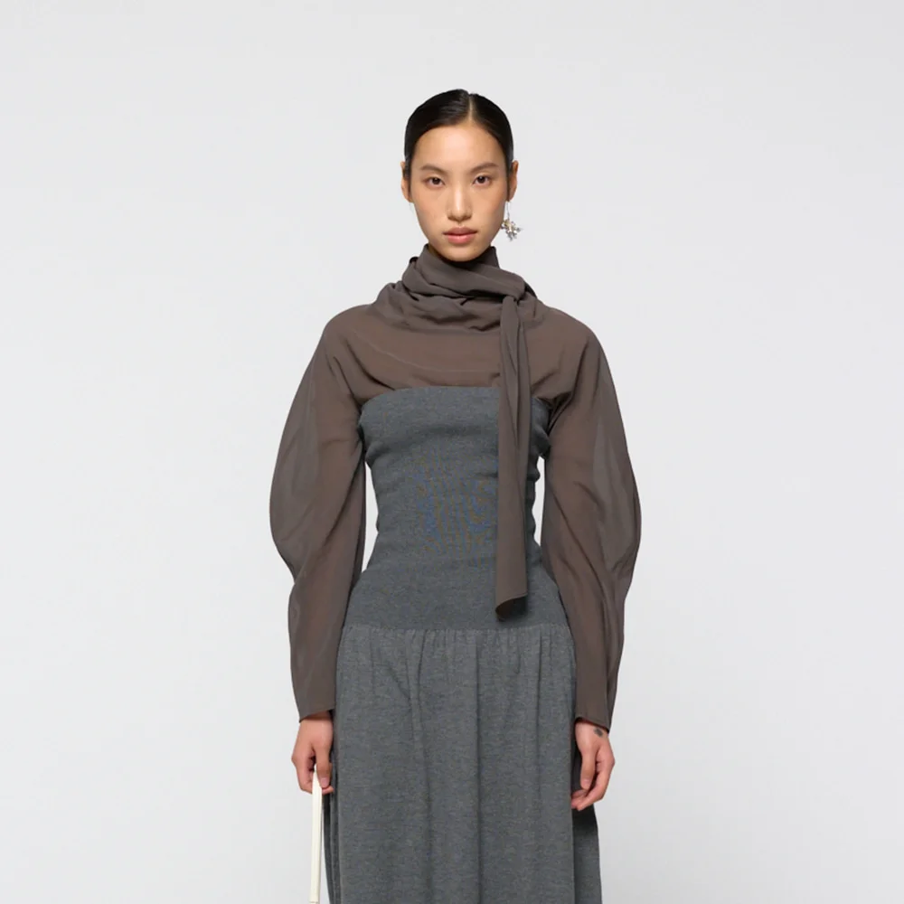 Sheer cotton scarf top, Grey