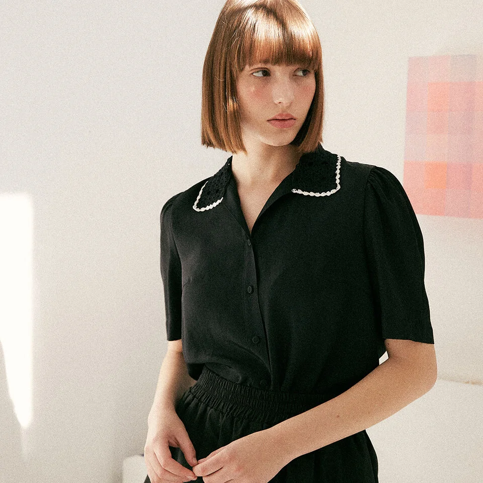 handmade knit collar blouse (black)