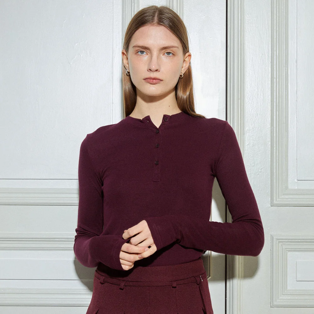 HENRY NECK LONG SLEEVE T-SHIRT / BURGUNDY