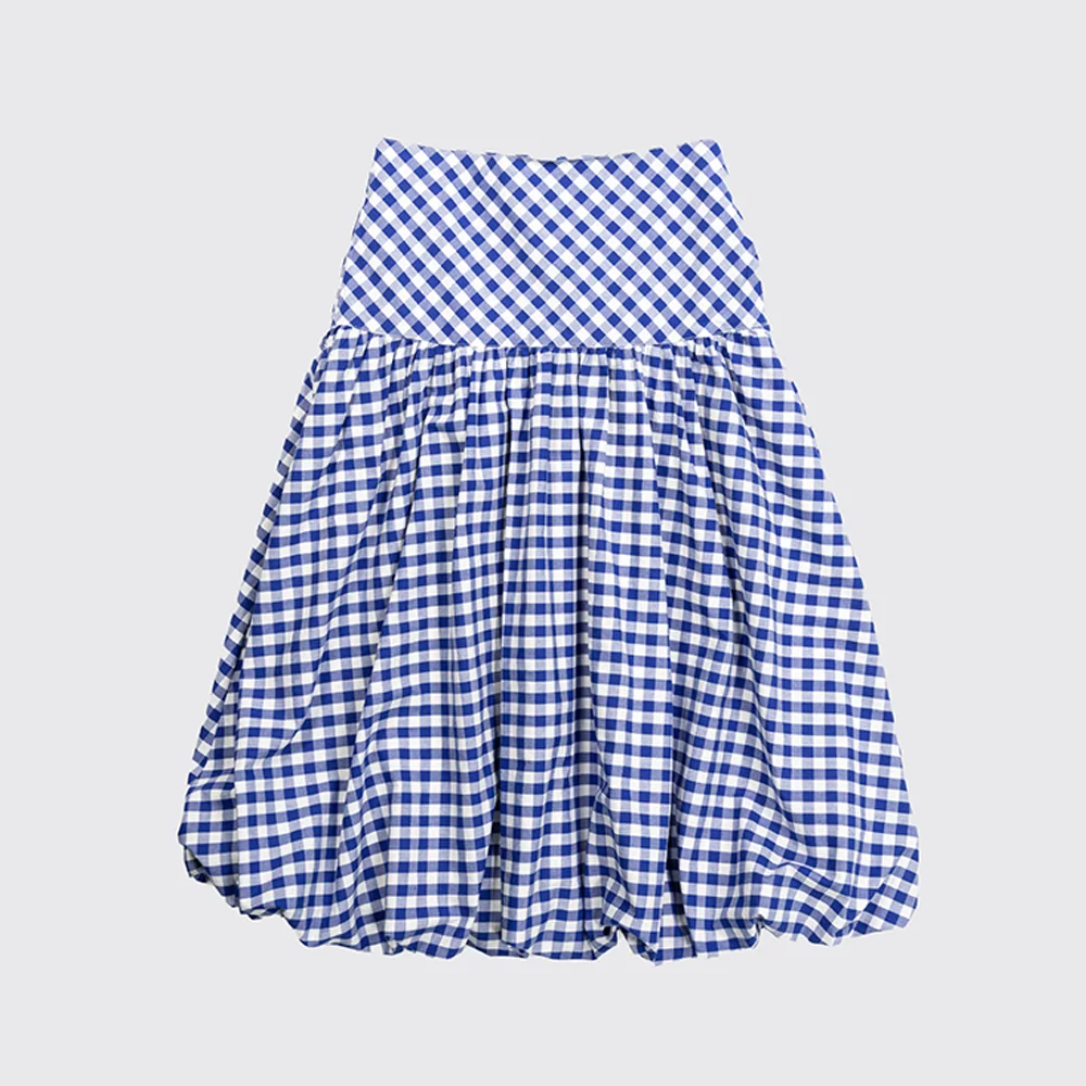 RUFFLE PLEATED BALLOON CHECK SKIRT - BLUE CHECK