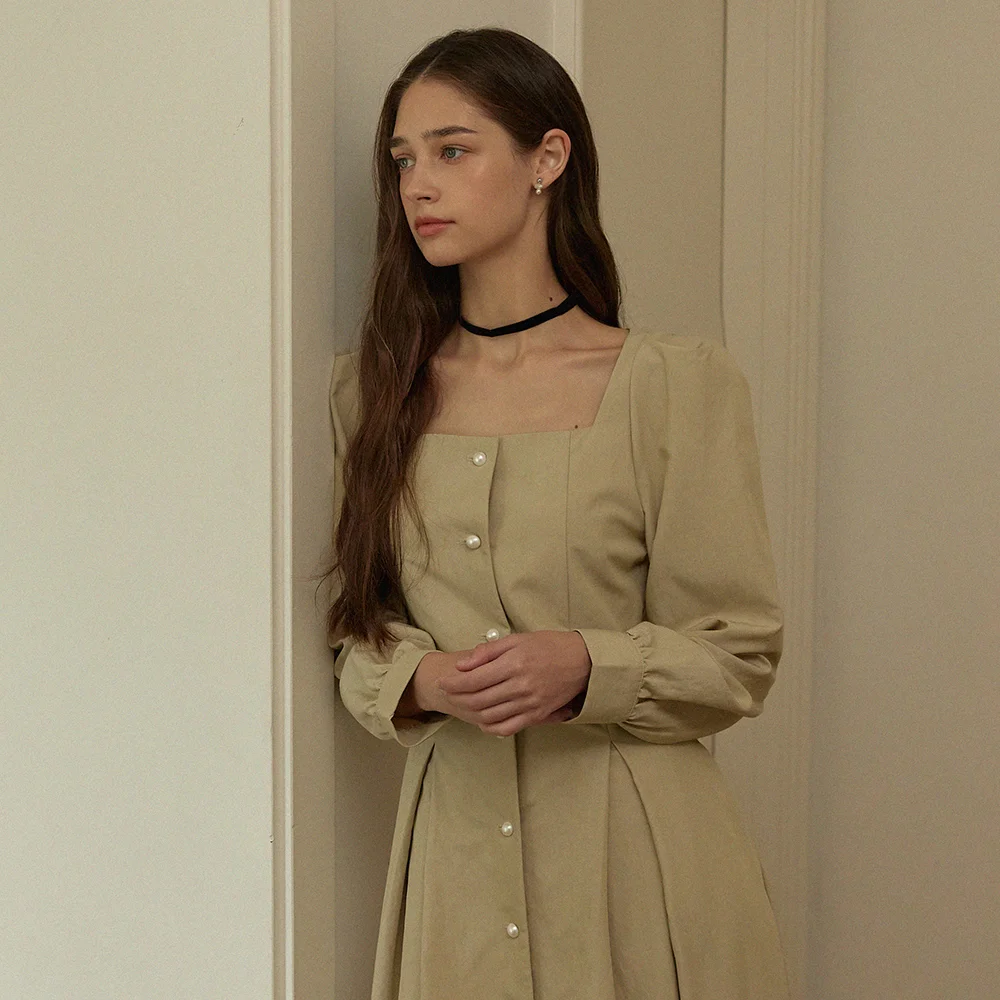 Puff square neck deep pintuck long dress - khaki