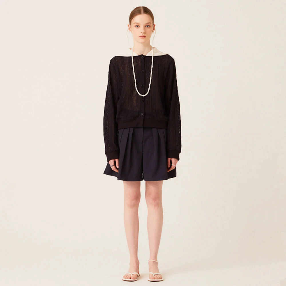 FOUR TUCKS LINEN SHORTS (NAVY)