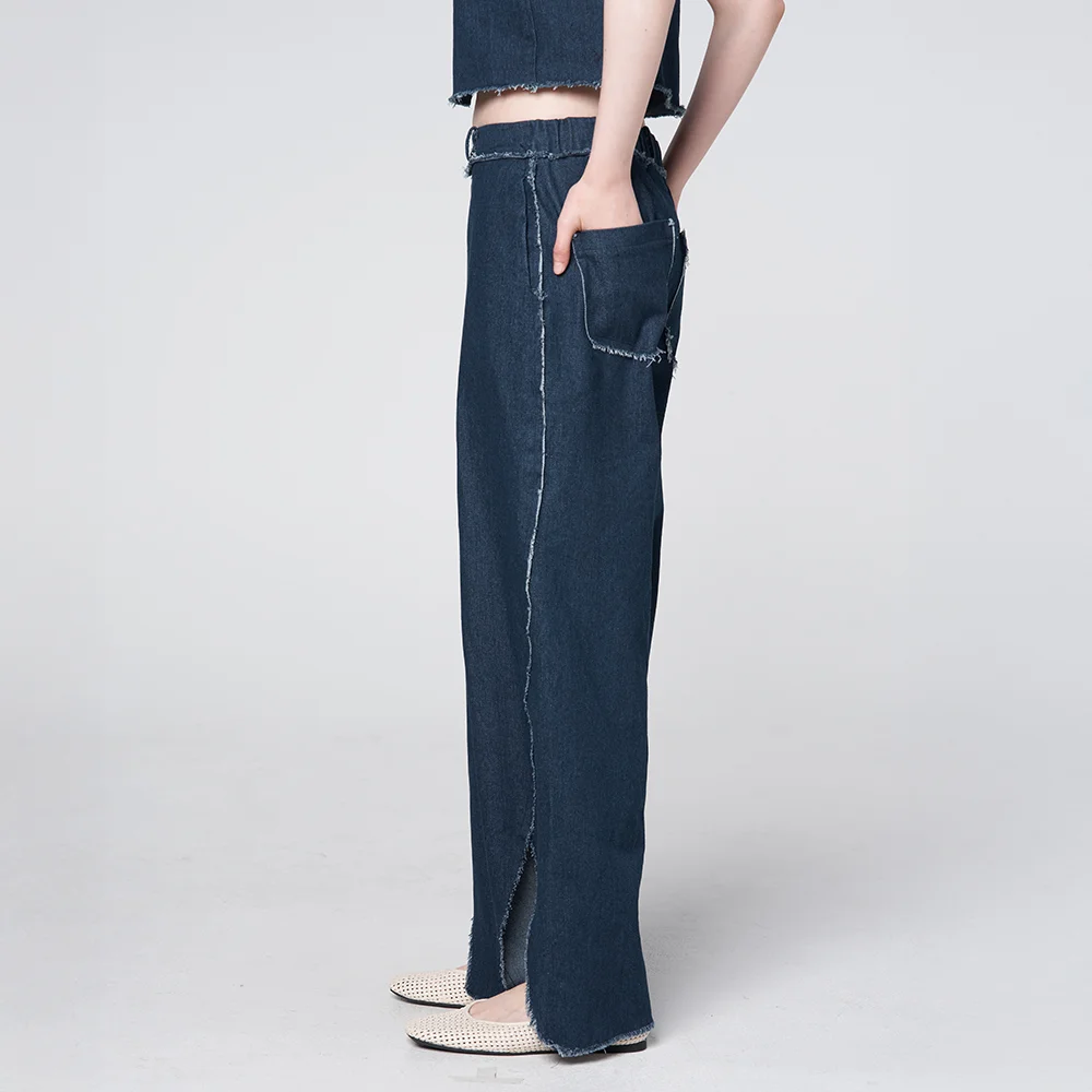 Diagonal Slit Cut-Off Denim Pants Deep blue